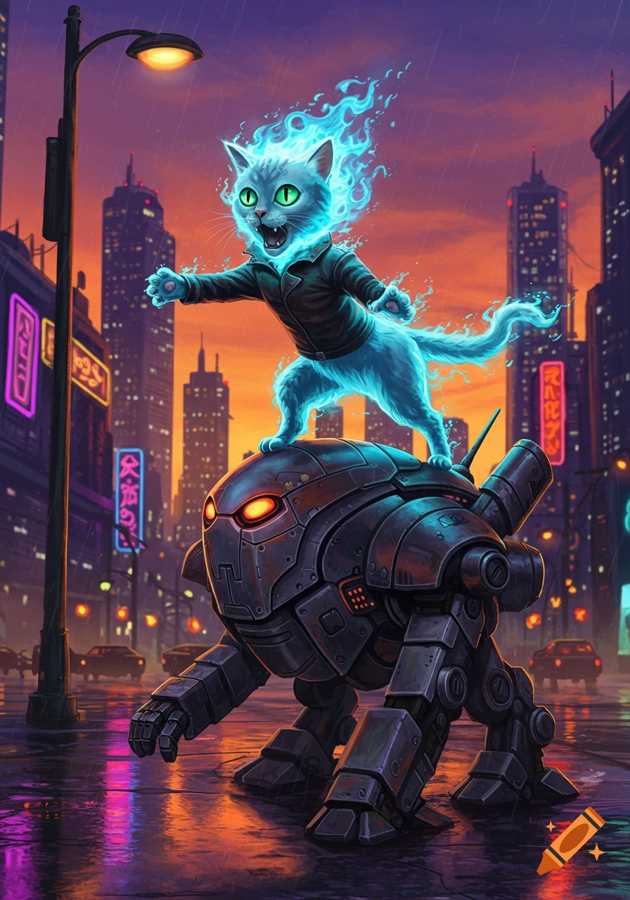 A glowing blue cat in a leather jacket stands atop a large dark robot on a rainy cyberpunk city street at sunset.