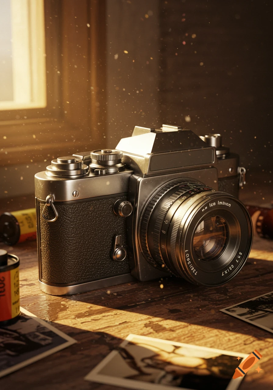 A vintage 35mm film camera, film canisters, and old photos on a sunlit wooden table.