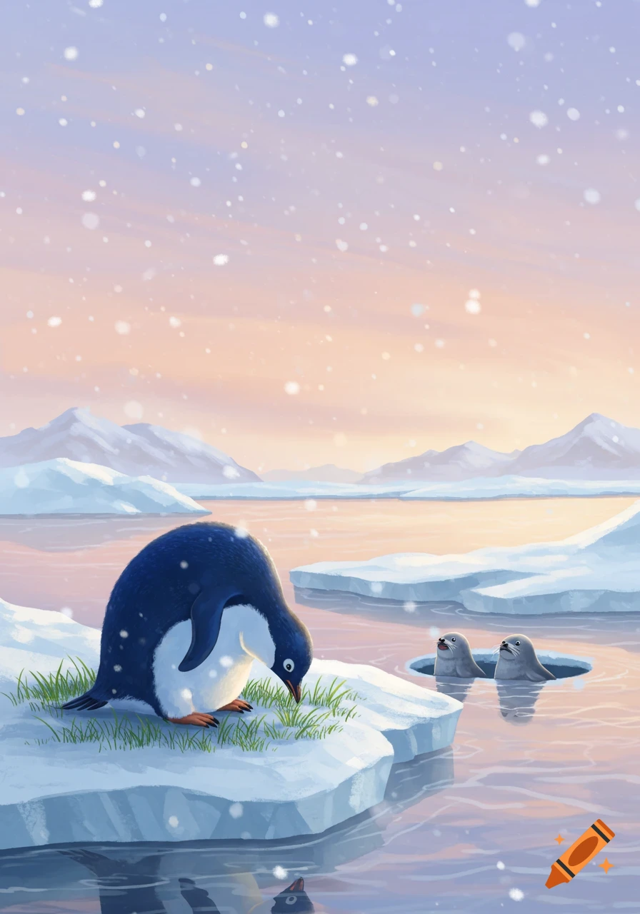 Cartoon illustration of a penguin eating grass on an ice floe, with two seals peeking from a hole in the water, in a snowy arctic landscape.