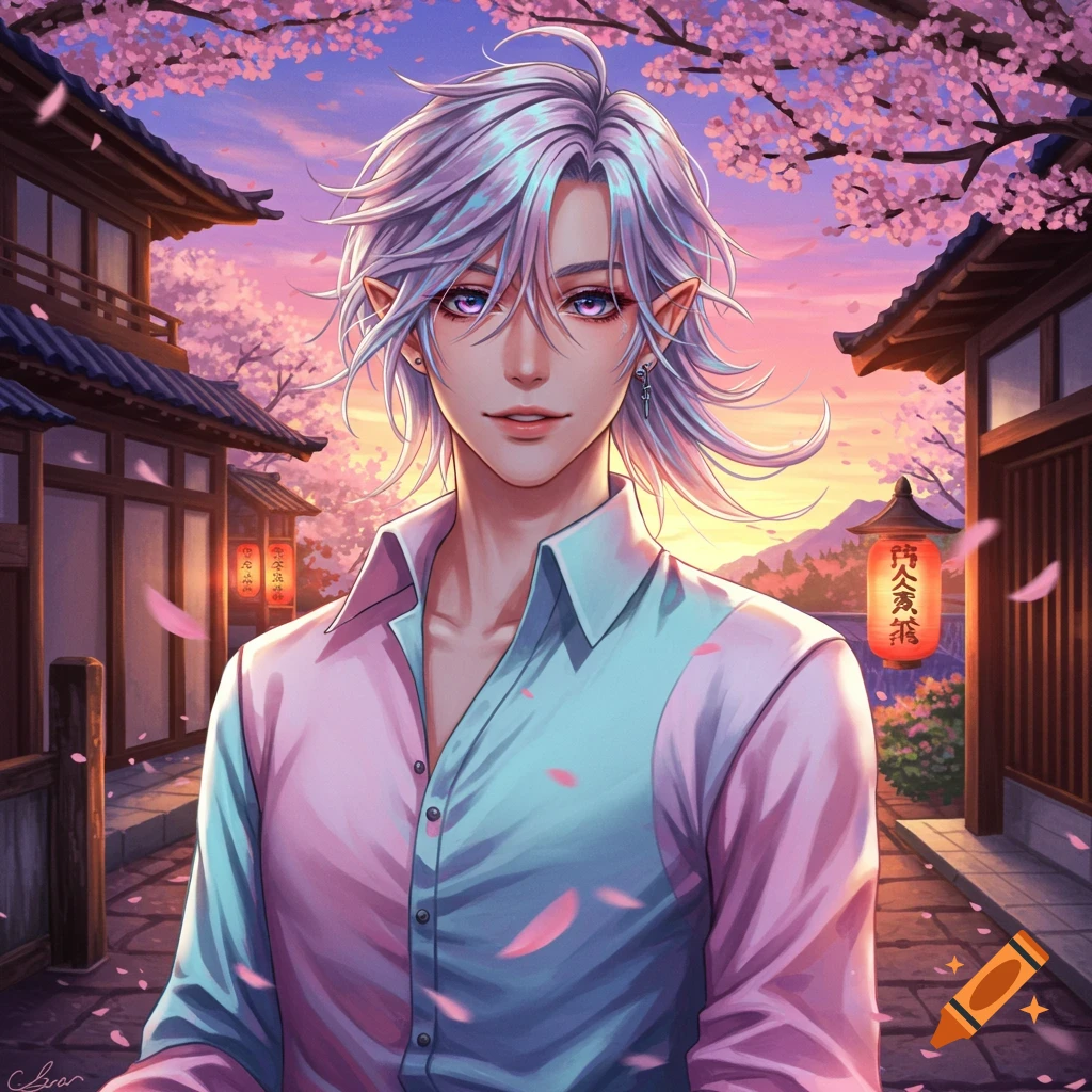 An anime character with white hair and pointed ears wearing a pink and blue shirt, standing on a street lined with traditional Japanese buildings and cherry blossom trees at sunset.