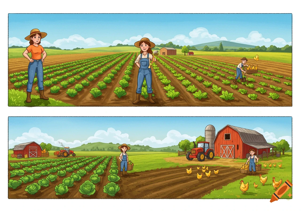 A two-panel cartoon illustration of a growing farm. The top panel shows farmers in a field of vegetables. The bottom panel shows a larger farm with a barn, tractor, and chickens.
