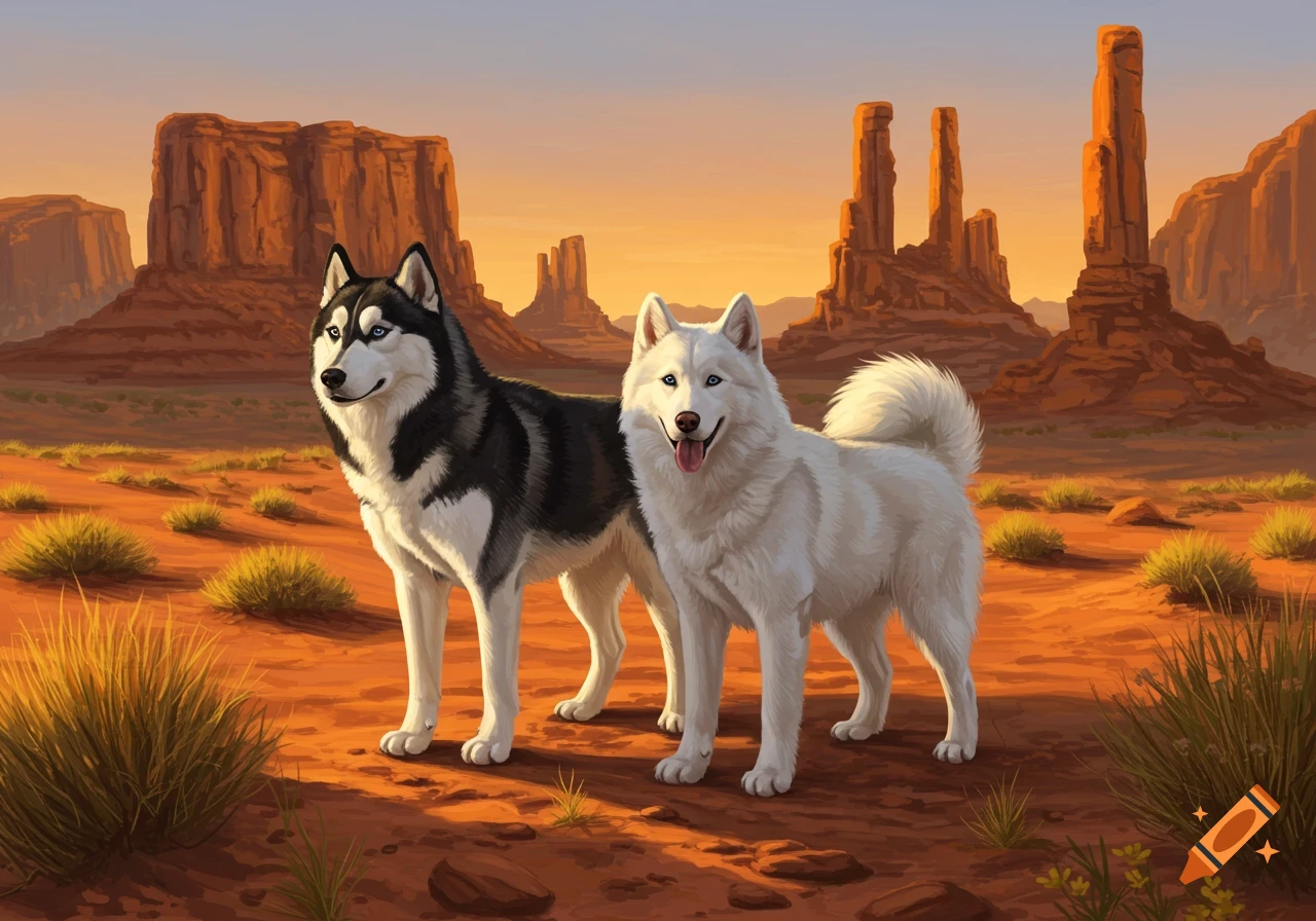 An illustration of a black and white husky and a white husky standing in a desert landscape with large rock formations at sunset.