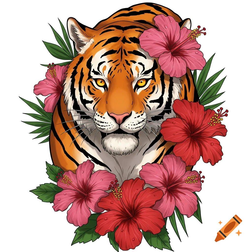 A colorful illustration of a tiger head surrounded by red and pink hibiscus flowers and green leaves, in a tattoo style.