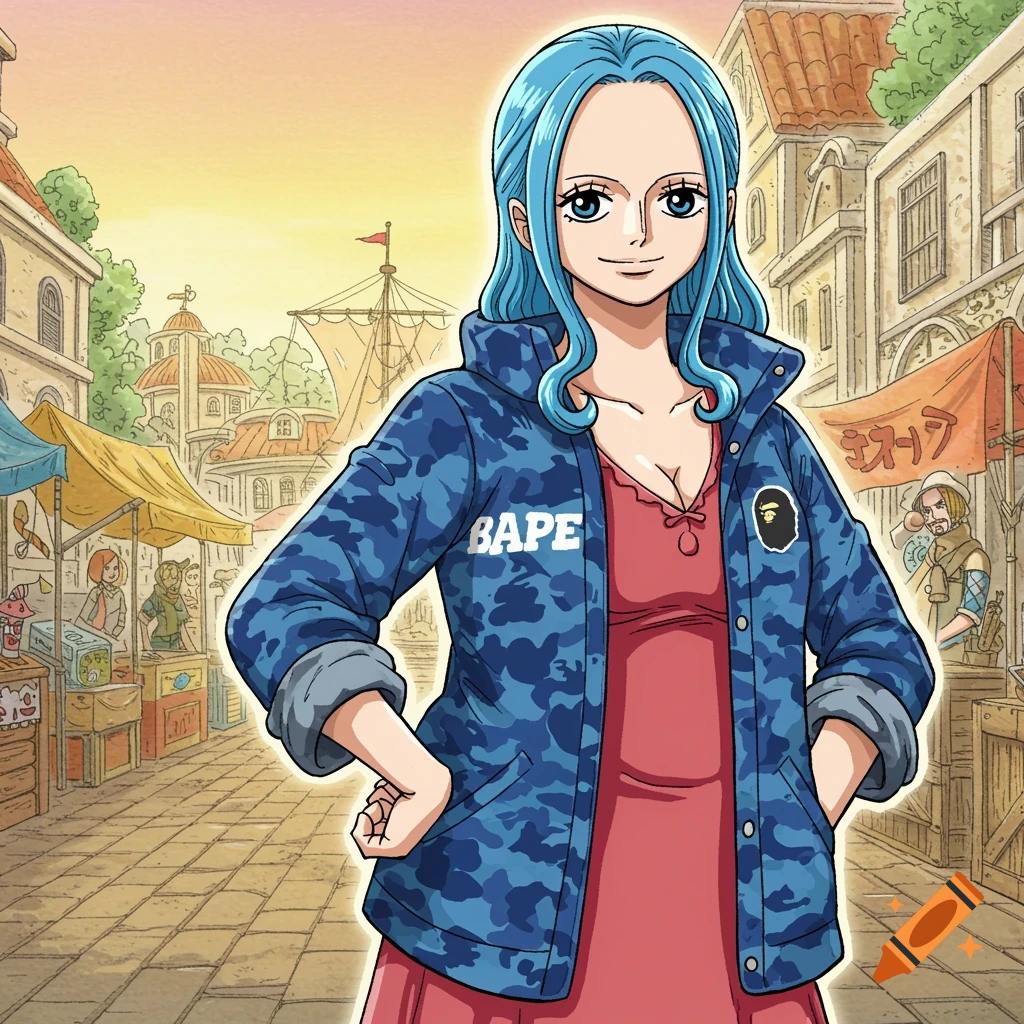 Nefeltari Vivi from One Piece wearing a blue camo BAPE jacket in a market street, drawn in manga style.