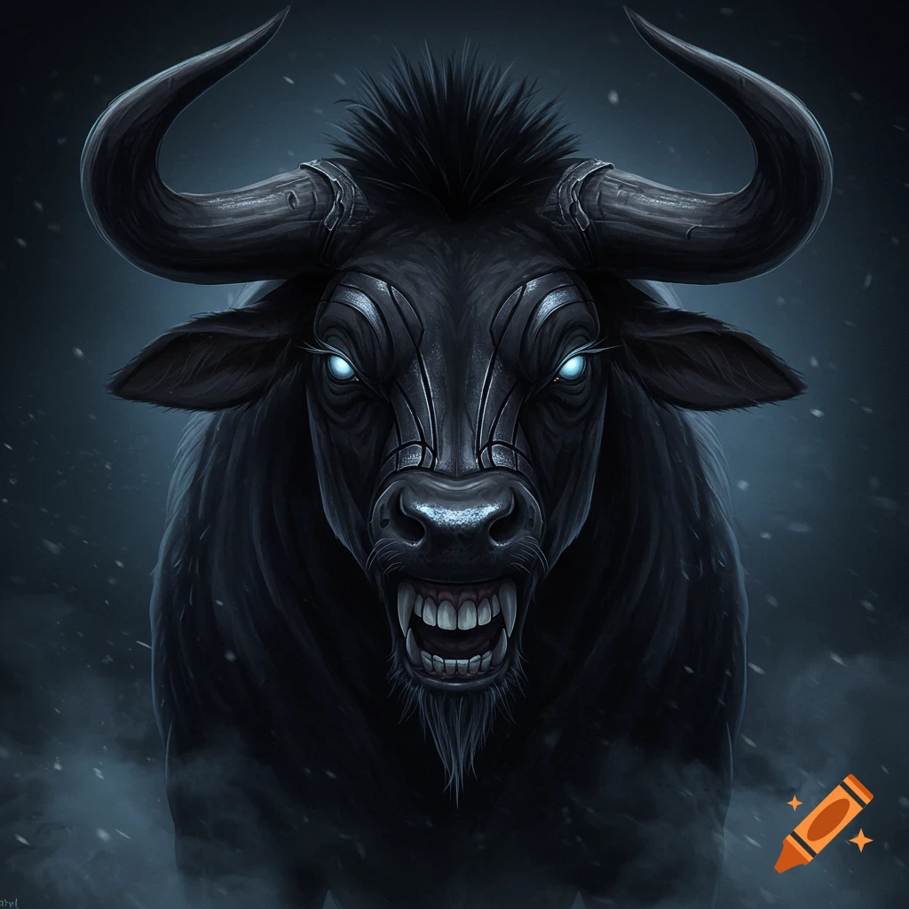 A menacing dark monster bull with glowing blue eyes and sharp teeth stares forward in a digital art style.