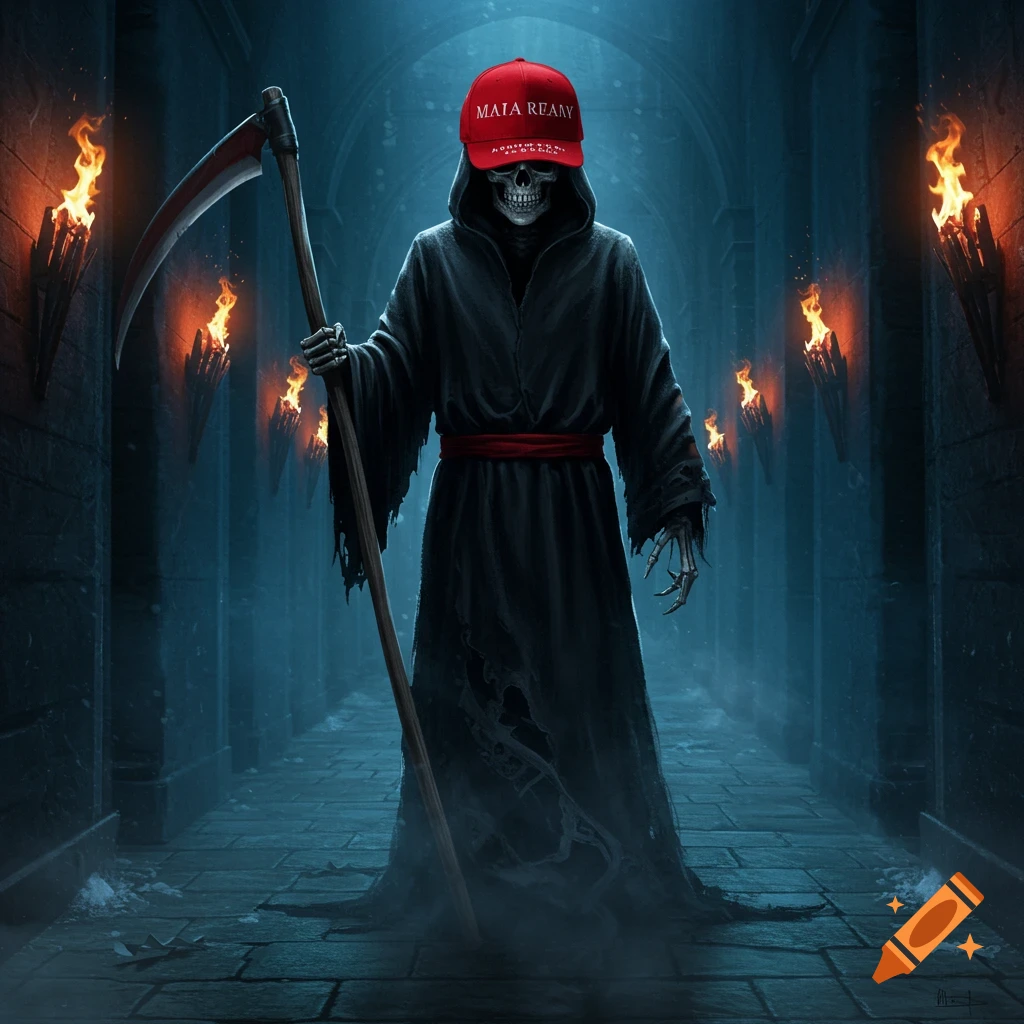 A skeletal Grim Reaper in a black hooded robe and a red baseball cap holding a scythe, standing in a dark, torch-lit stone hallway.