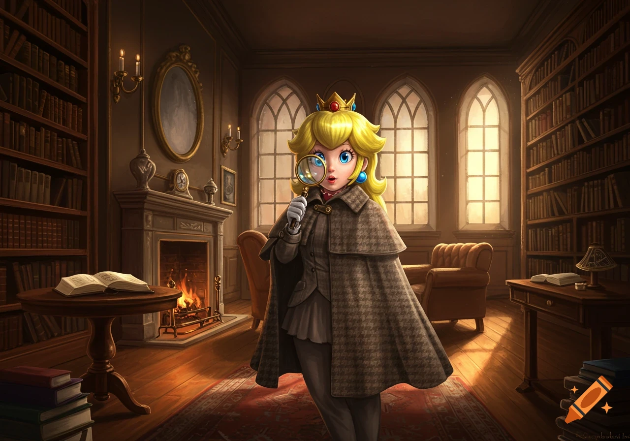 Princess Peach, dressed as Sherlock Holmes, uses a magnifying glass in a dimly lit library.