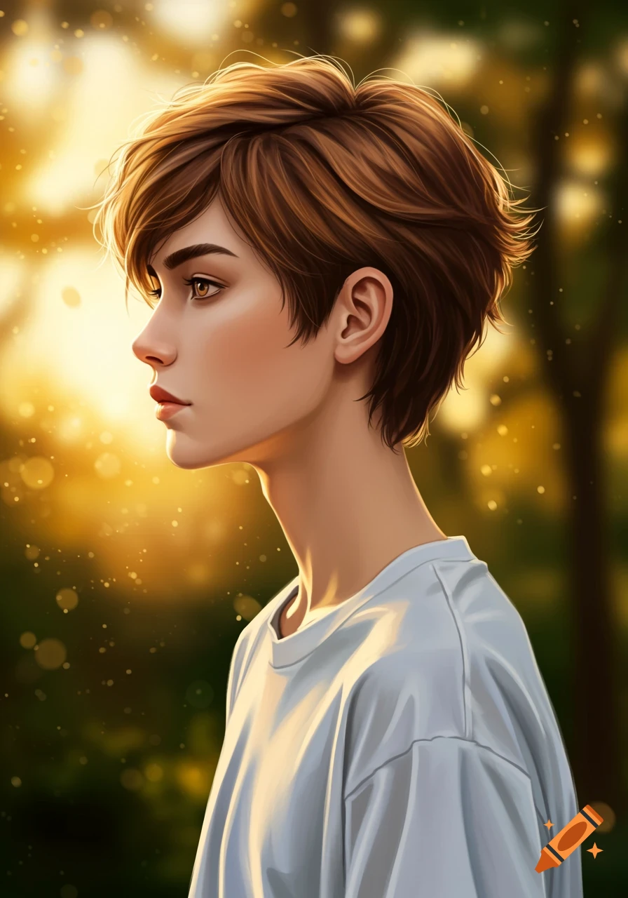Digital art portrait of a young person with short brown hair, looking left in golden sunlight with bokeh.
