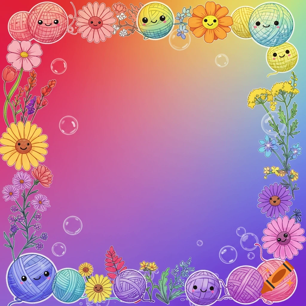 A vibrant rainbow ombre background with a border of smiling kawaii yarn balls, colorful wildflowers, and bubbles.