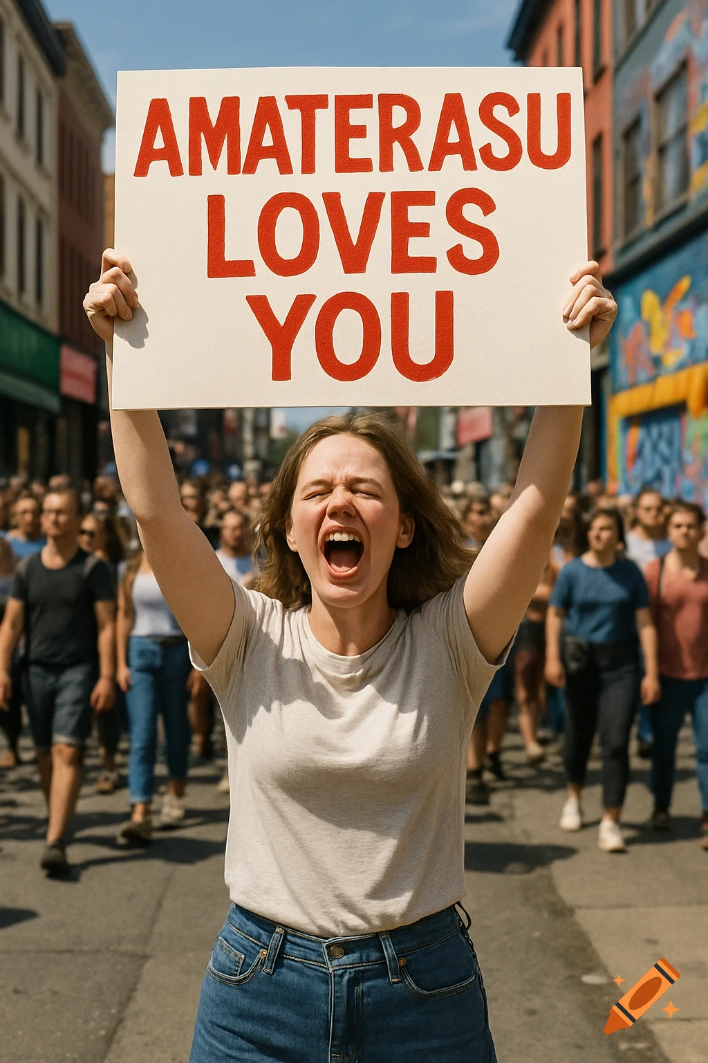 A screaming White woman holds a sign reading 'AMATERASU LOVES YOU' above her head during a street protest.