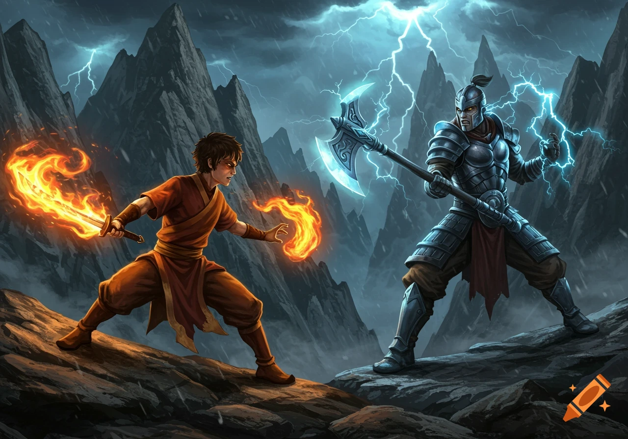 Two fantasy warriors with fire and lightning powers battle on a rocky mountain under a stormy sky. Digital art.