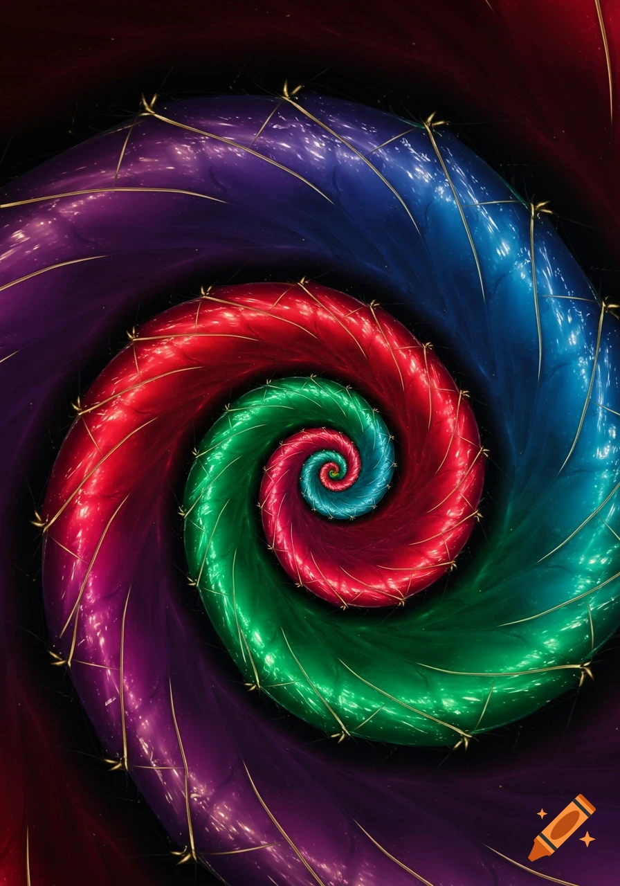 A vibrant, glowing spiral abstract art piece with colors of red, green, blue, and purple.