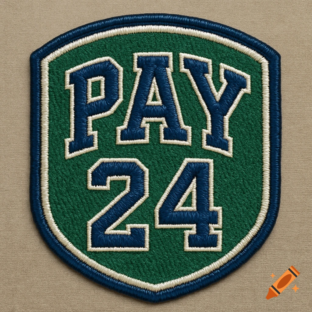 An embroidered patch with a green background and navy blue text "PAY 24" outlined in white, on a tan fabric.