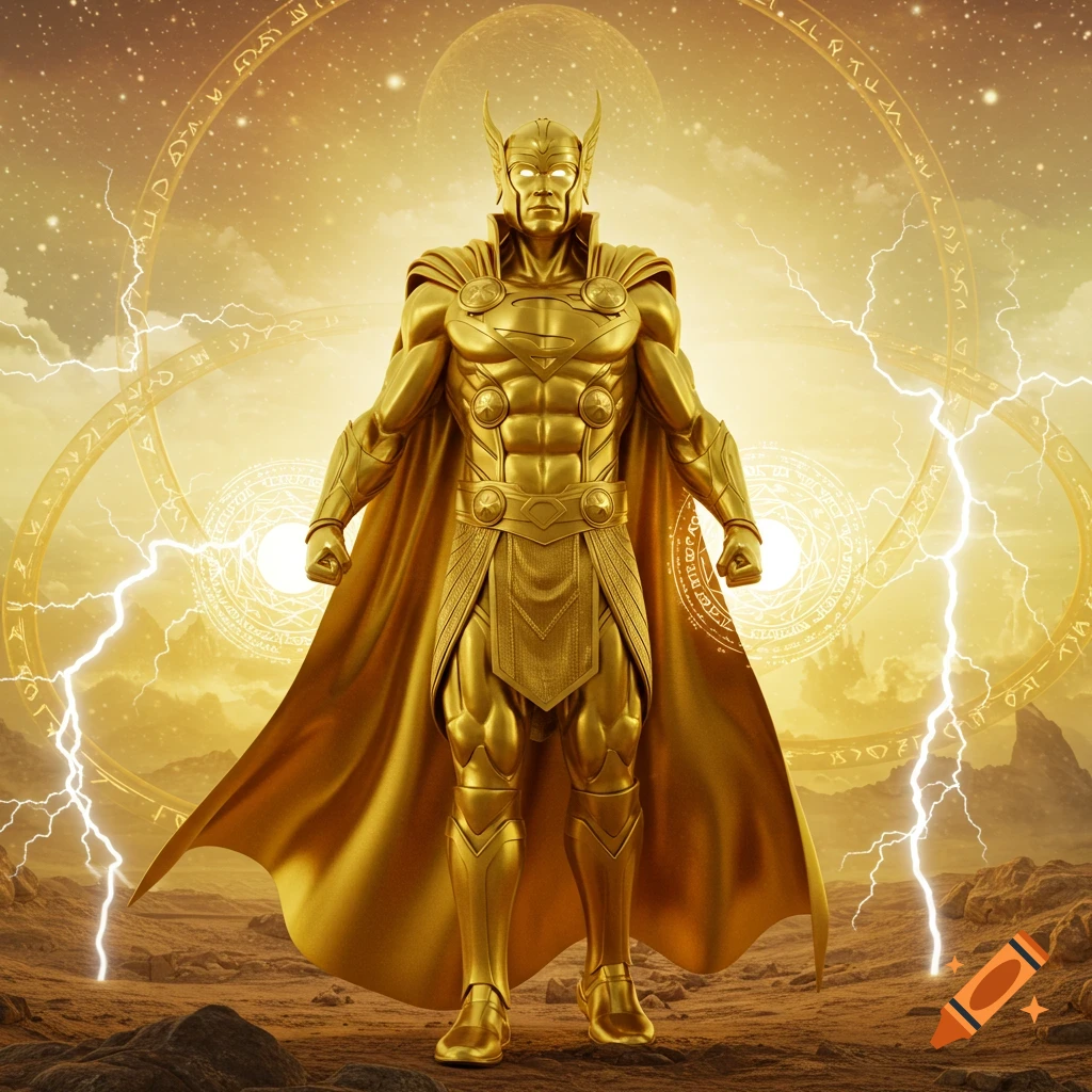 A golden superhero, a blend of Thor, Superman, and Dr. Strange, stands powerfully amidst lightning and glowing magical runes in a desert landscape under a golden sky.