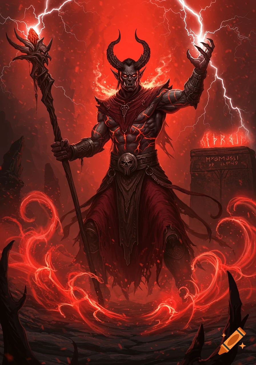 A powerful horned demon sorcerer in red robes with glowing veins, holding a staff in a stormy, fiery red landscape.