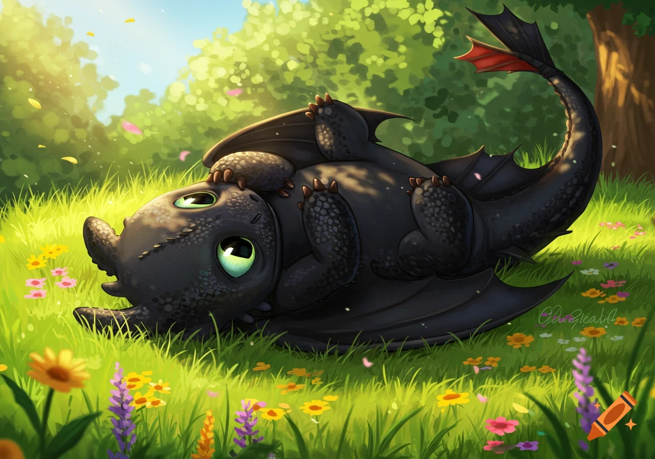 A cute black dragon, Toothless, lies on its back in a sunny green field filled with colorful wildflowers, looking up. Digital illustration.