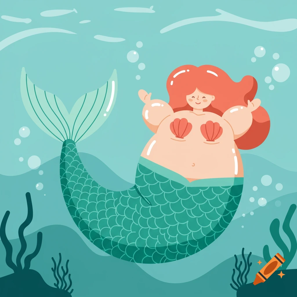 A cute, plump red-haired mermaid with shell top floats in blue-green water.