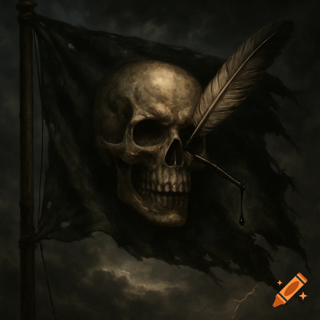 A dark artistic depiction of a skull on a tattered flag with a quill pen in its eye, dripping ink, against a stormy sky.