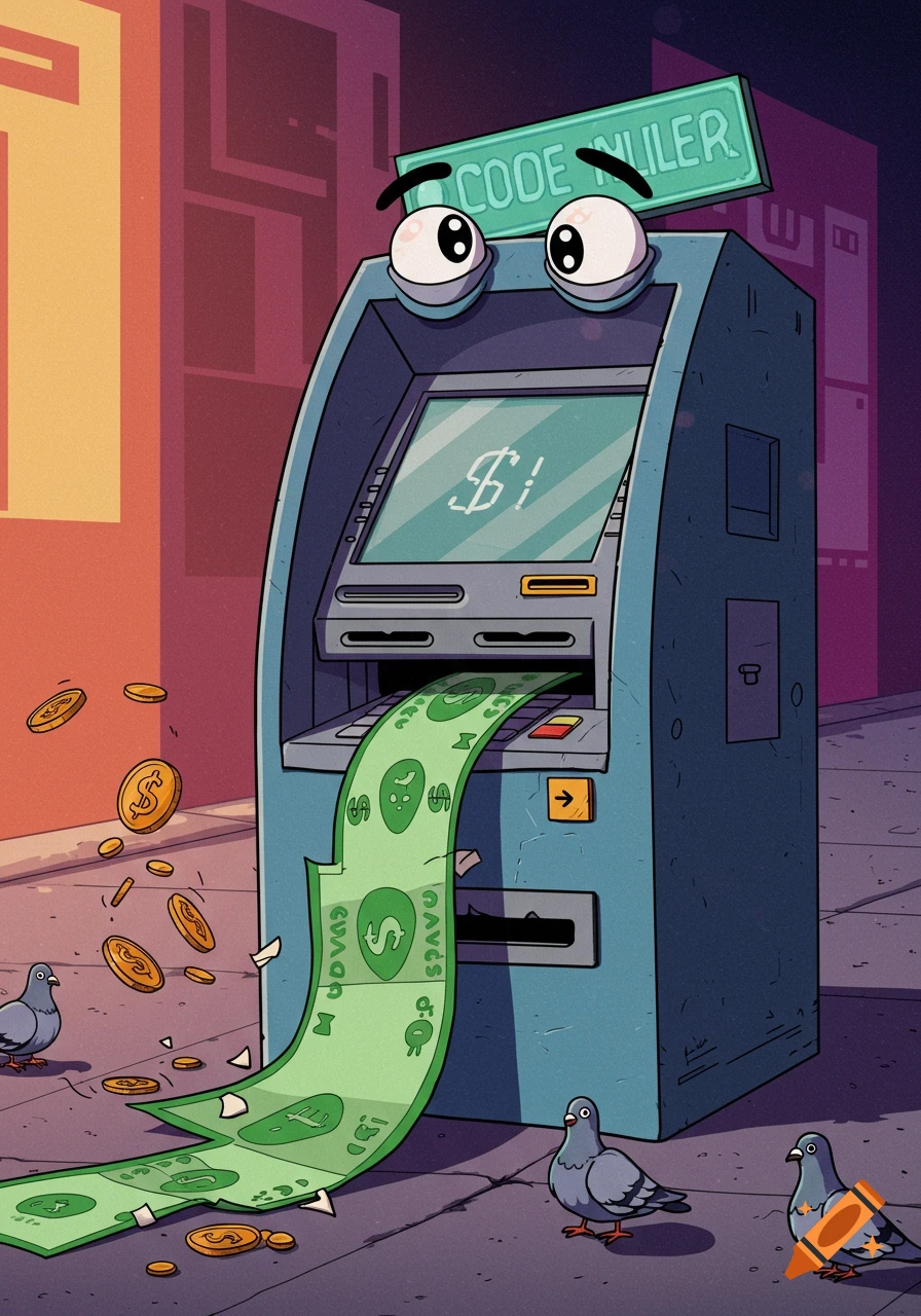 A whimsical cartoon ATM with large eyes and a sign that reads 'CODE RULER' dispenses a long stream of money onto a city sidewalk where coins and pigeons are scattered.