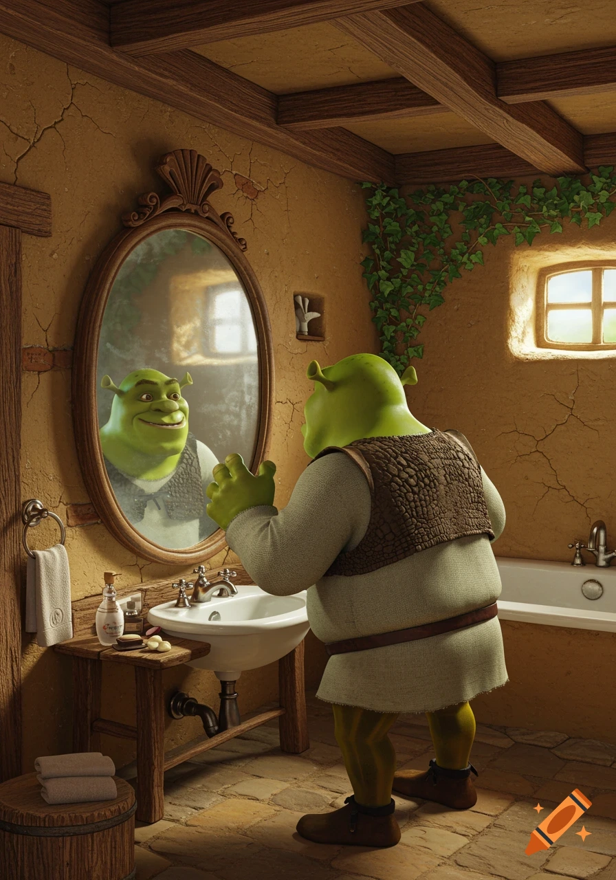 Shrek stands in a rustic bathroom, looking at his reflection in an oval mirror above a sink.