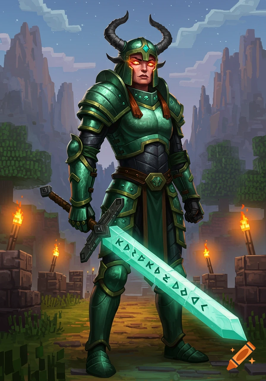 A stylized warrior in green horned armor with glowing eyes holds a large glowing sword with runes, standing in a blocky Minecraft-like landscape.