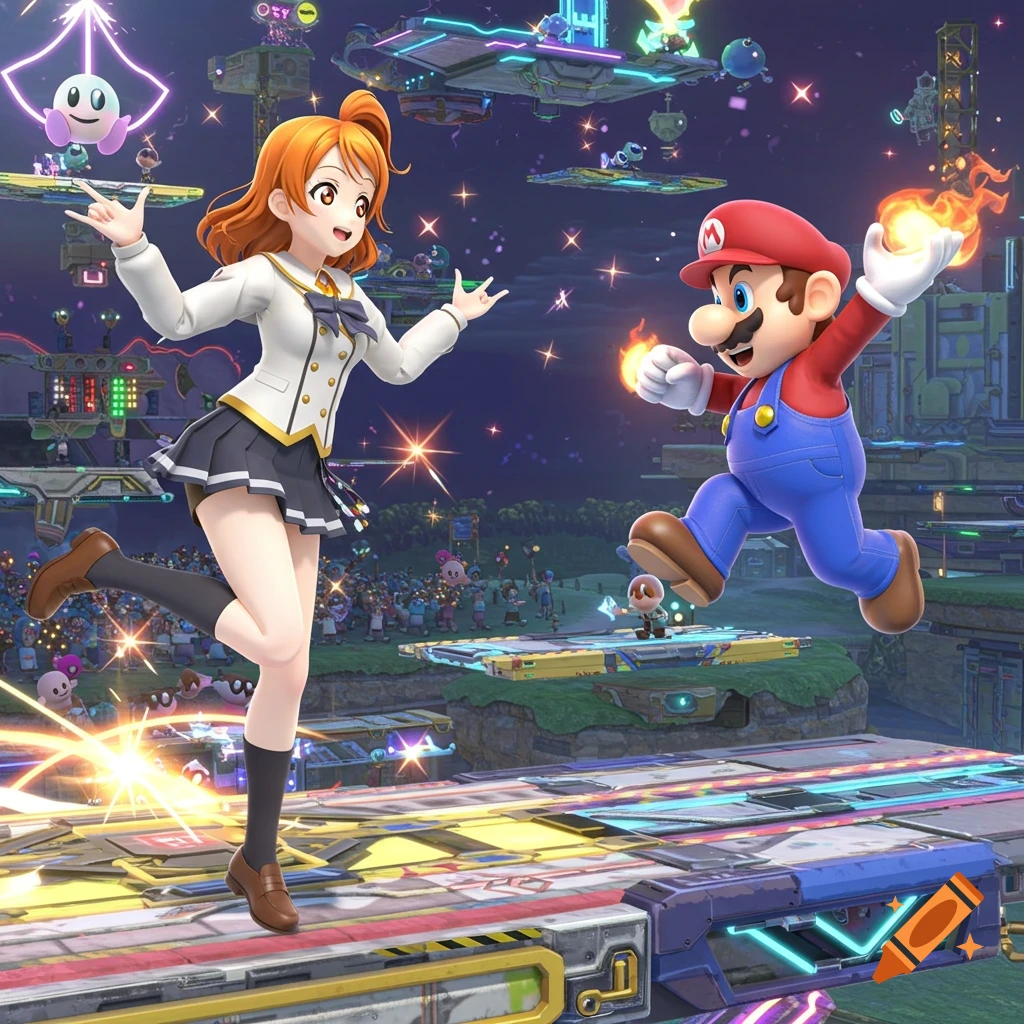 An anime girl in a school uniform and Super Mario are striking action poses on a futuristic Super Smash Bros. arena.