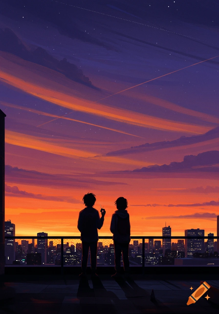 Two silhouetted figures on a rooftop overlooking a city skyline at sunset in an anime style.