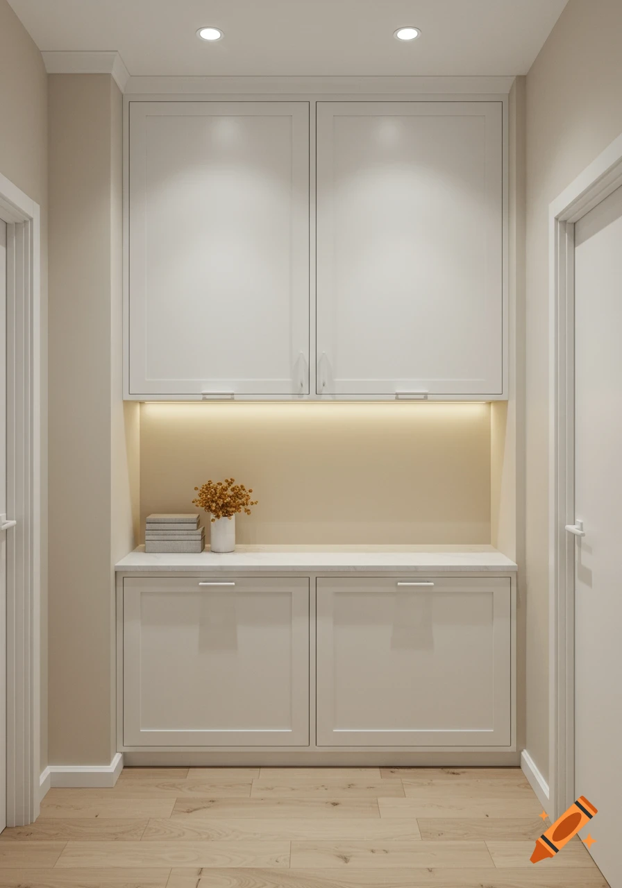 A photorealistic depiction of a hallway alcove with white built-in cabinets, a shelf with a vase of flowers and books, and light wood flooring.