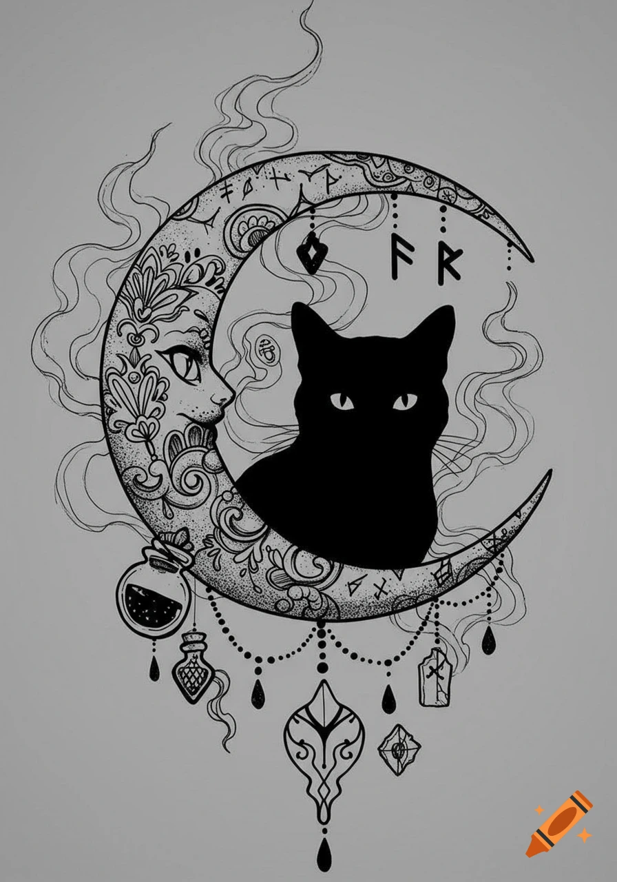 A black and white tattoo sketch featuring a crescent moon with a face and decorative patterns, a silhouetted black cat peeking from behind it, and dangling charms including a potion bottle and mystical symbols.
