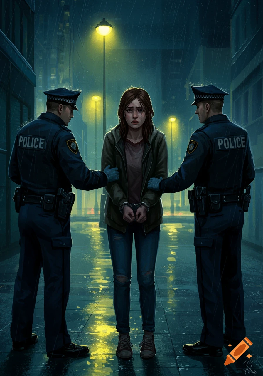 Two police officers handcuff a distressed woman in the rain on a city street at night, illuminated by streetlights.