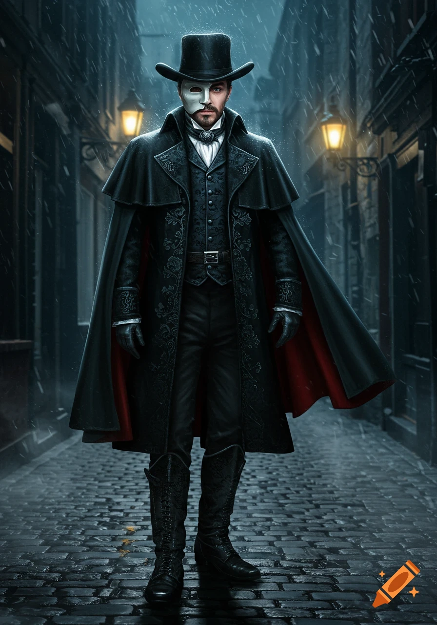 A man in a black Victorian-era outfit, cape, and top hat, wearing a white Phantom of the Opera mask, stands in a dark, rainy alley.