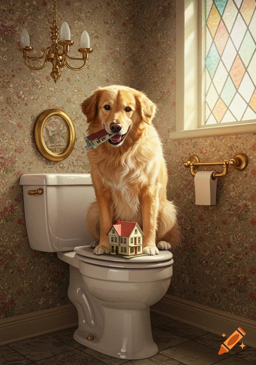 A golden retriever dog sits on a toilet, holding a miniature house in its mouth, with another miniature house on the lid.
