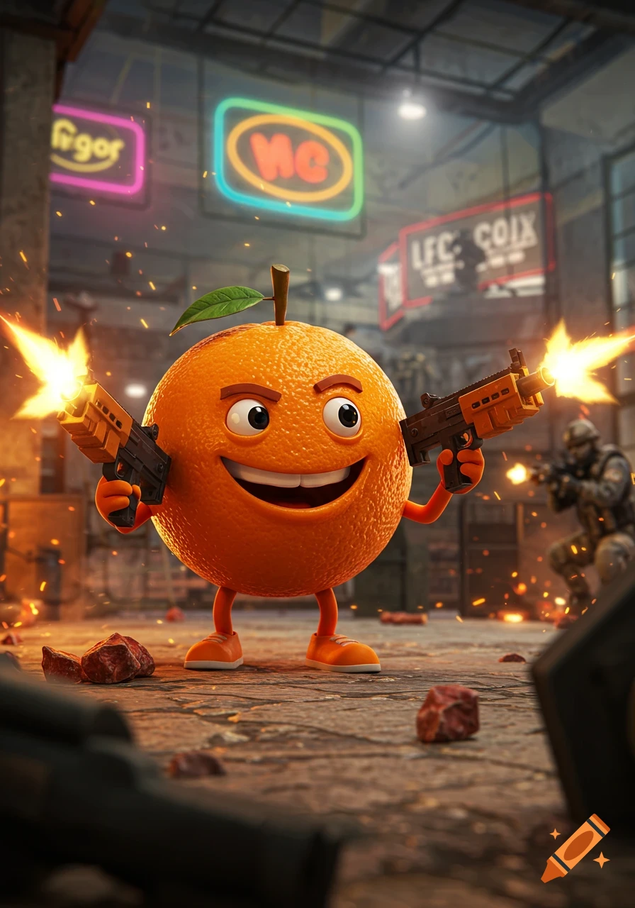 A smiling cartoon orange character with arms and legs, holding two automatic weapons and firing them in a battle scene with explosions and a blurred soldier in the background.