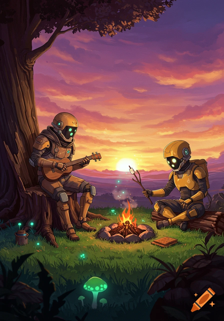 Two armored characters camping at sunset. One plays a ukulele while the other roasts marshmallows over a campfire near glowing mushrooms.