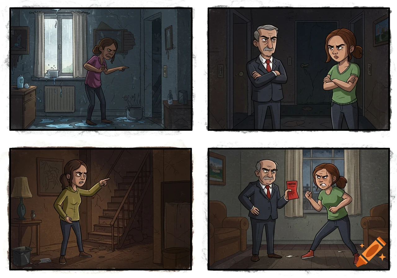 A four-panel comic strip illustrating a conflict between a tenant and a landlord over a leaky apartment and rent.