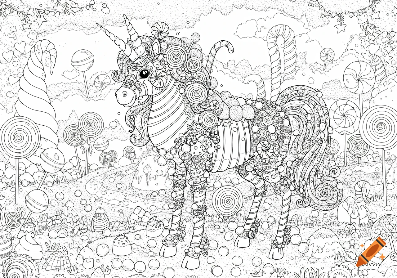 Black and white coloring page of a detailed unicorn made of candy in a whimsical candy land.