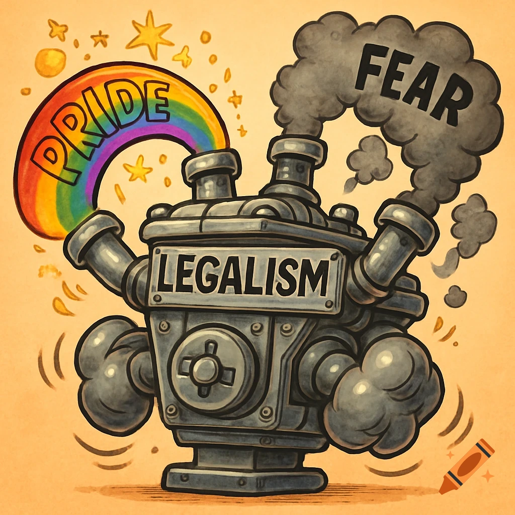 Cartoon illustration of a metal engine labeled LEGALISM, with a rainbow labeled PRIDE feeding into it and dark smoke labeled FEAR rising from it.