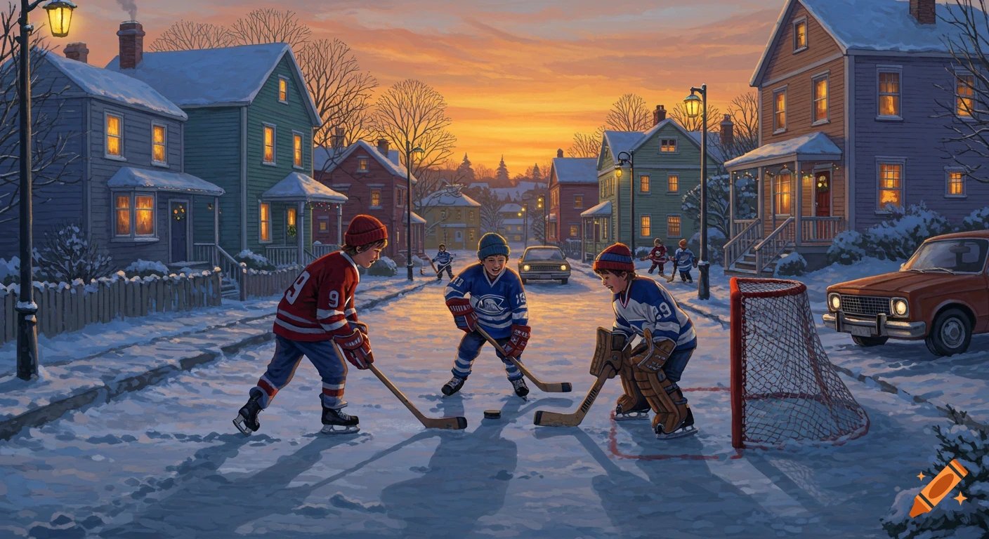 Illustration of three boys playing street hockey on a snowy street at sunset, with houses and a 1970s car in the background.