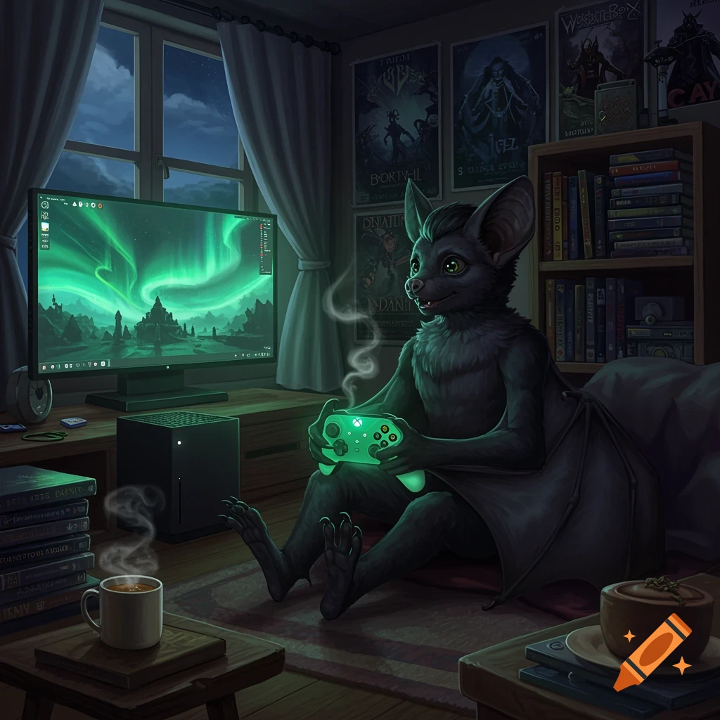 A dark anthropomorphic bat character sits on the floor, playing a glowing green Xbox controller in a dimly lit room with a monitor displaying an aurora borealis.