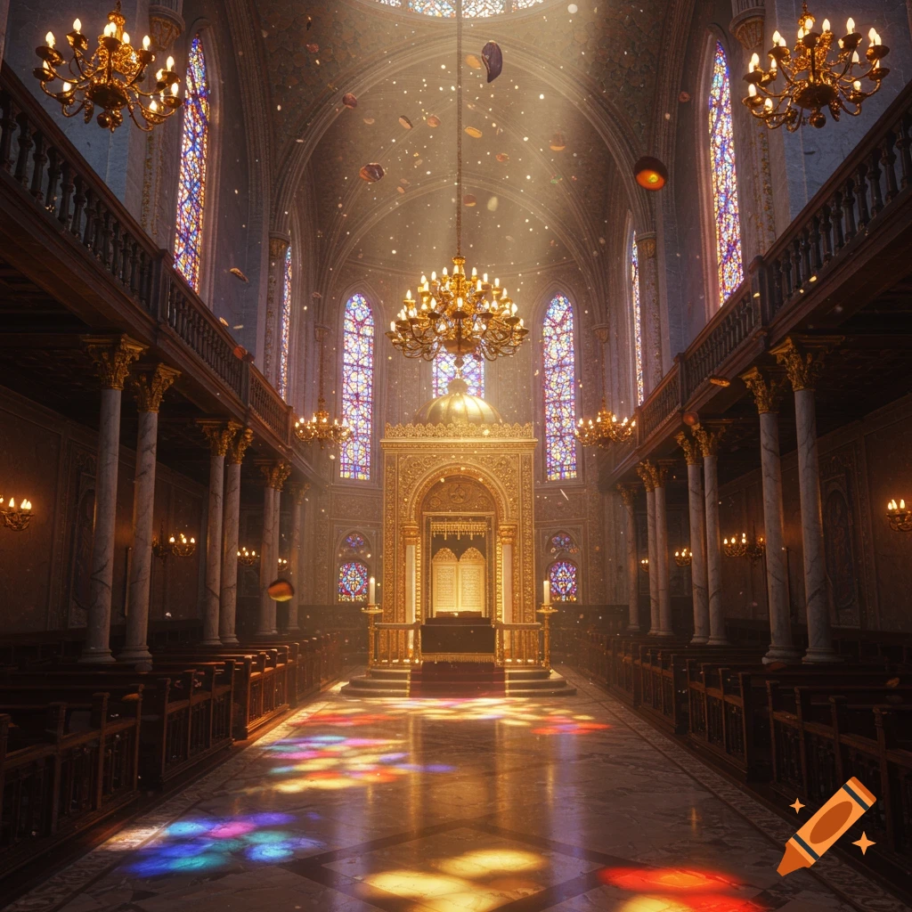 A grand synagogue interior with ornate golden chandeliers, colorful light streaming through stained glass windows onto the marble floor, and sparkling particles floating in the air.