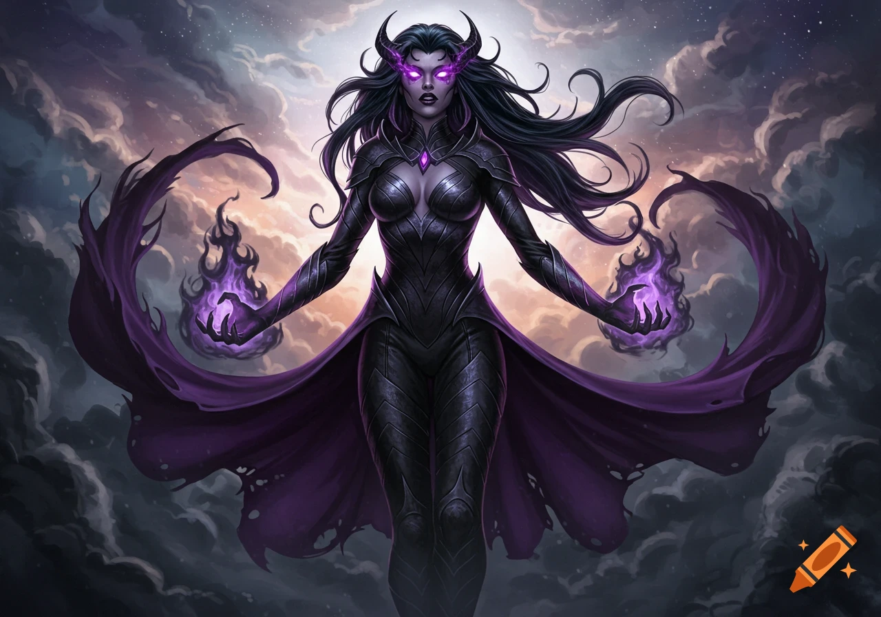 A powerful, dark fantasy character with horns and glowing purple eyes, wielding purple magical energy against a dramatic sky.