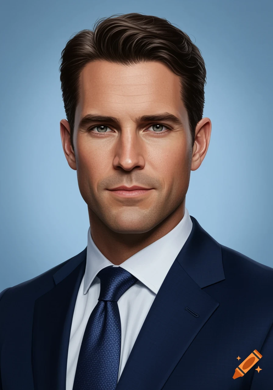 Stylized portrait of a handsome man in a dark blue suit and tie against a light blue background.