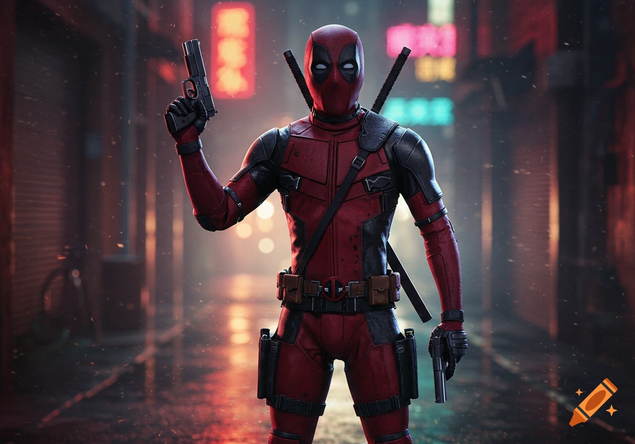 Deadpool in his red suit holds a pistol up in a rainy, neon-lit urban alley, katanas on his back.