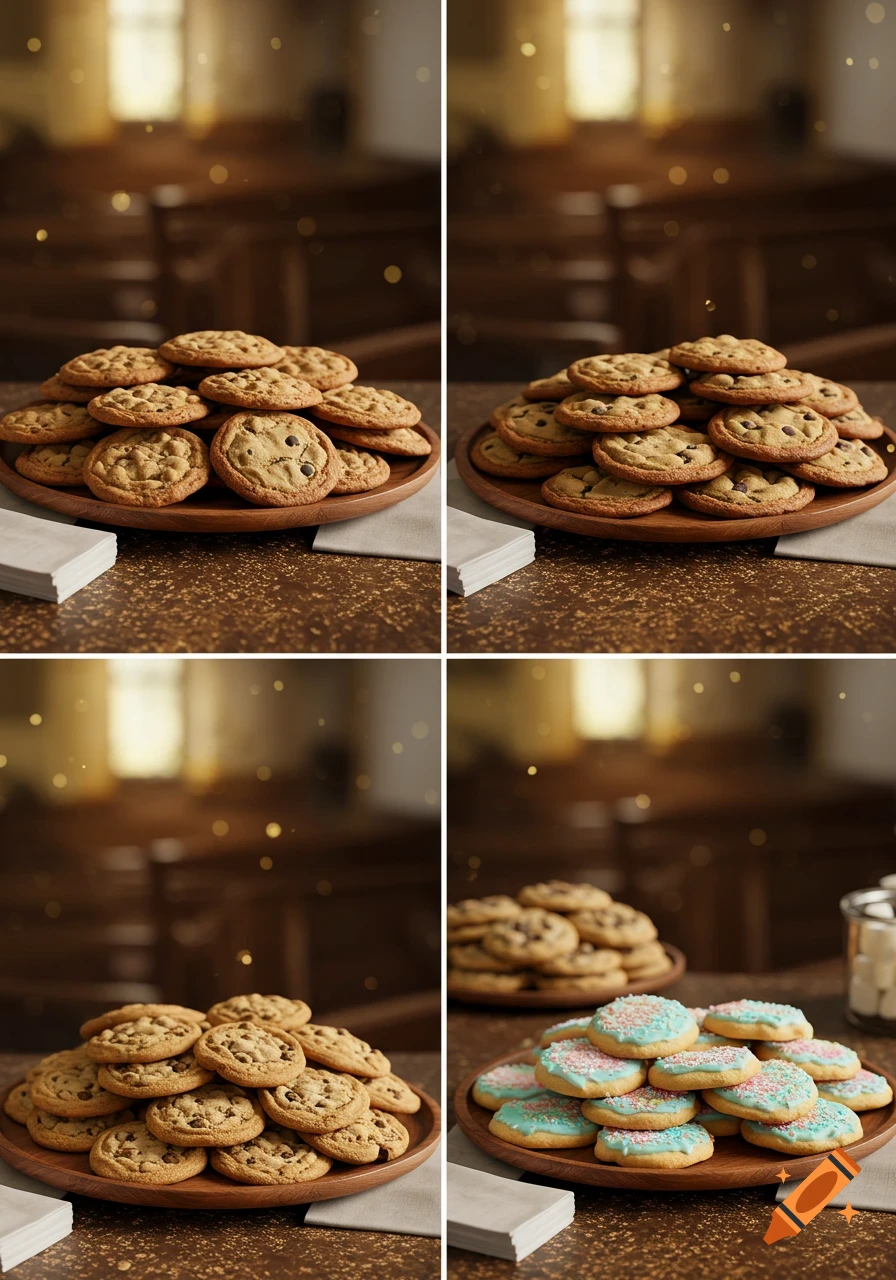 A split image shows various plates of chocolate chip and frosted sugar cookies on a table in a warm, cozy setting.