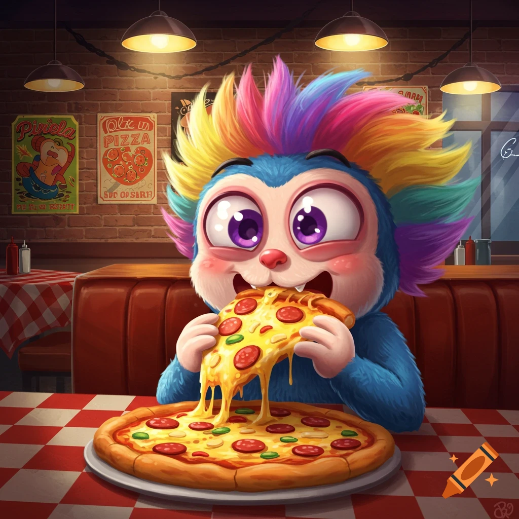 A blue, fluffy, cartoon monster with large purple eyes and rainbow-colored hair happily eats a slice of cheesy pizza in a retro diner.