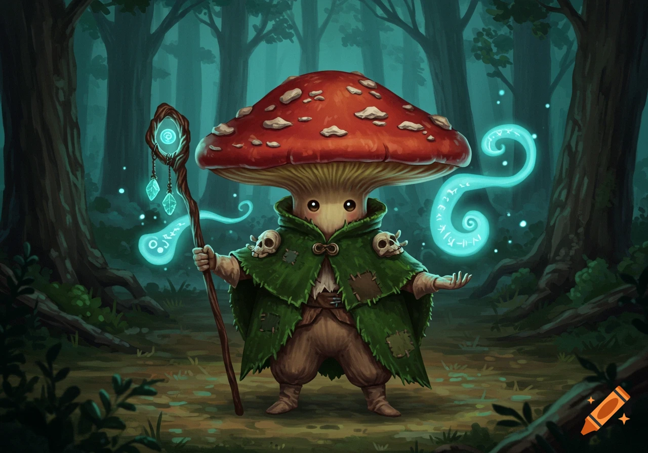 A cute mushroom character in a patched green cloak holds a glowing staff and casts magic in a mystical forest.
