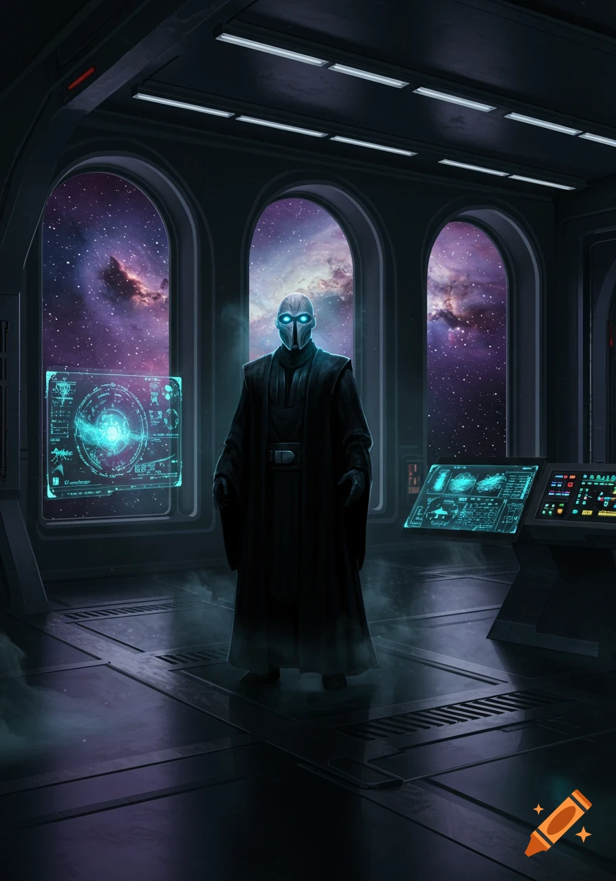 A mysterious masked figure with glowing blue eyes in a dark robe stands in a futuristic spaceship bridge with views of a starry nebula.