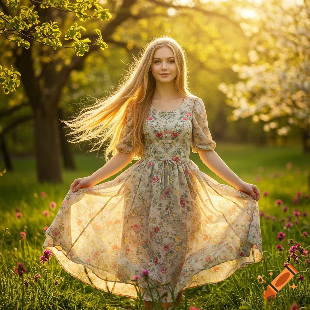 A young woman with long blonde hair in a floral dress stands in a sunny field with trees and flowers.