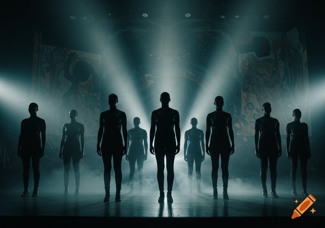 Silhouettes of performers on a smoky stage, illuminated by spotlights from behind, with an ornate backdrop.