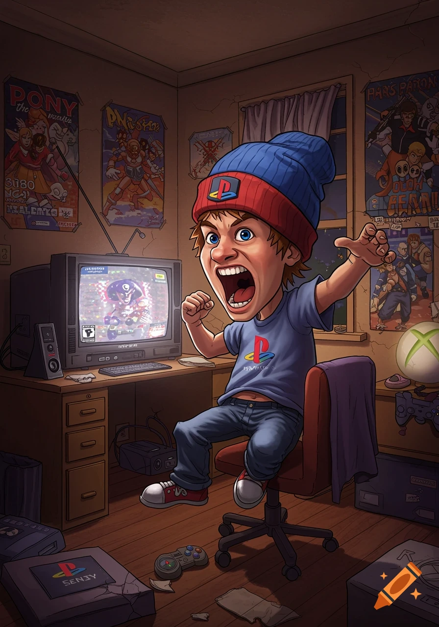 An angry cartoon boy in a blue beanie and PlayStation shirt sits in a retro bedroom, yelling at an old TV while playing video games.